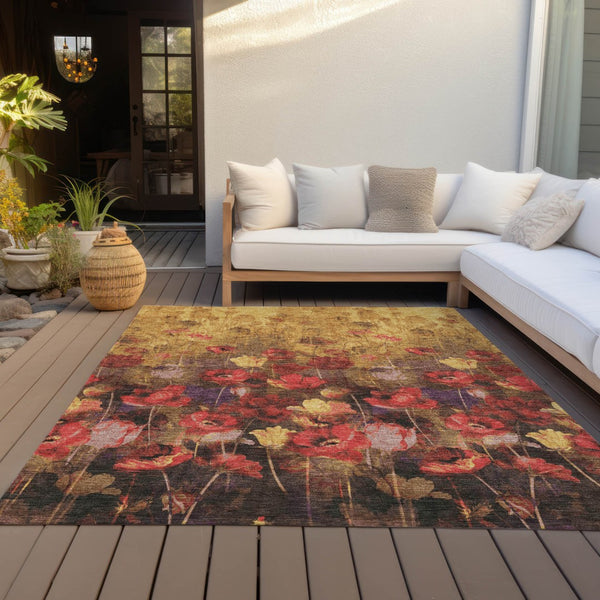 Homeroots 3' Captivating Gold Red And Brown Floral Washable Area Rug For Indoor And Outdoor Spaces 8' X 10' Polyester 597060
