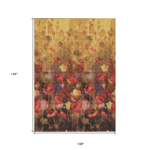 Homeroots 3' Captivating Gold Red And Brown Floral Washable Area Rug For Indoor And Outdoor Spaces 9' X 12' Polyester 597061