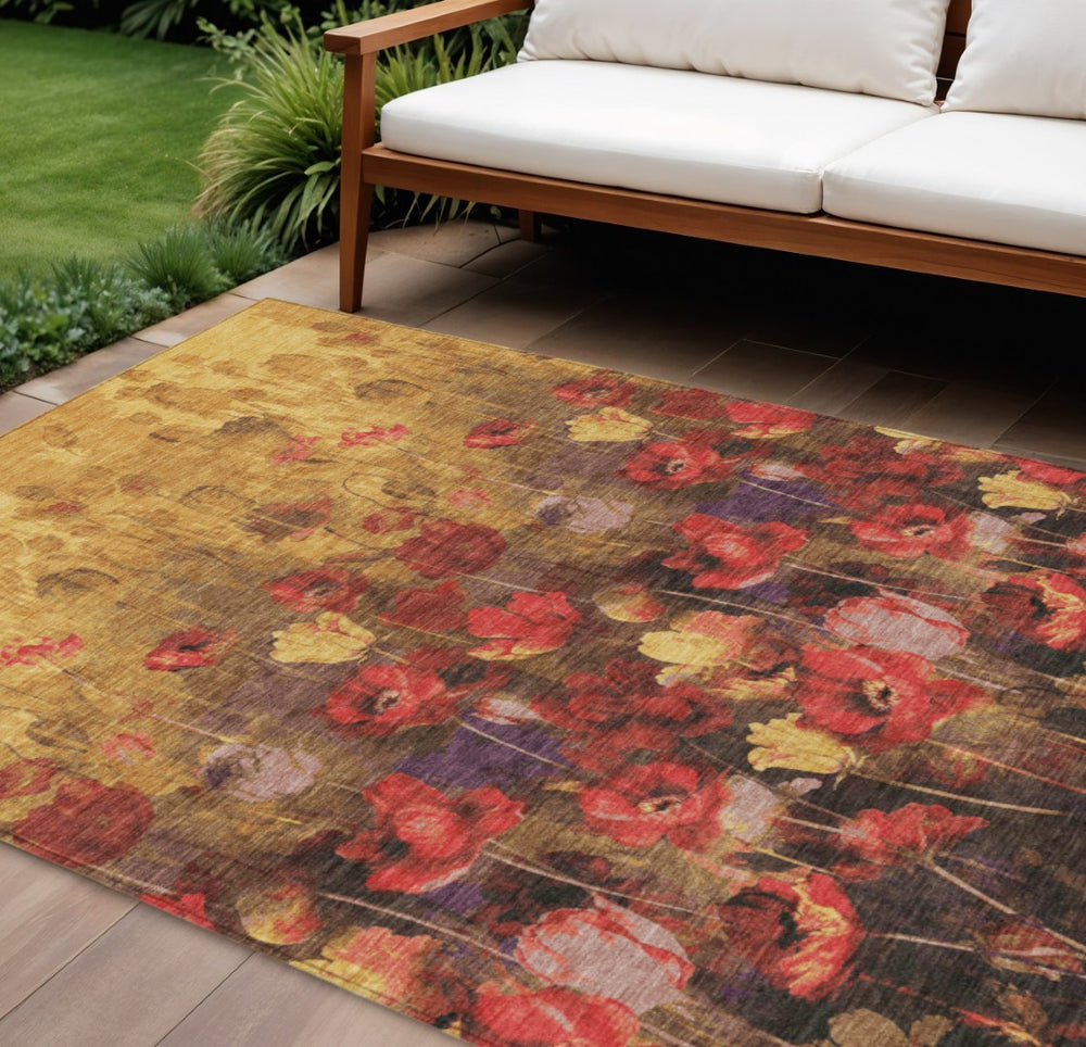 HomeRoots 9' X 12' Floral Washable Area Rug - Gold, Red & Brown, Stain-Resistant, Durable for Indoor/Outdoor Use 597061