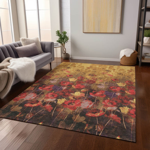 Homeroots 3' Captivating Gold Red And Brown Floral Washable Area Rug For Indoor And Outdoor Spaces 9' X 12' Polyester 597061