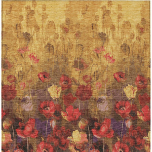 Homeroots 3' Captivating Gold Red And Brown Floral Washable Area Rug For Indoor And Outdoor Spaces 10' X 14' Polyester 597062