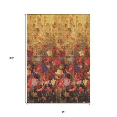 Homeroots 3' Captivating Gold Red And Brown Floral Washable Area Rug For Indoor And Outdoor Spaces 10' X 14' Polyester 597062
