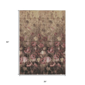 Homeroots 3' Captivating Gold Red And Brown Floral Washable Area Rug For Indoor And Outdoor Spaces 3' X 5' Polyester 597063