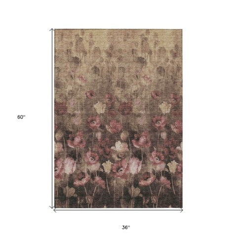 Homeroots 3' Captivating Gold Red And Brown Floral Washable Area Rug For Indoor And Outdoor Spaces 3' X 5' Polyester 597063