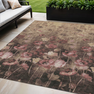Homeroots 3' Captivating Gold Red And Brown Floral Washable Area Rug For Indoor And Outdoor Spaces 5' X 8' Polyester 597064