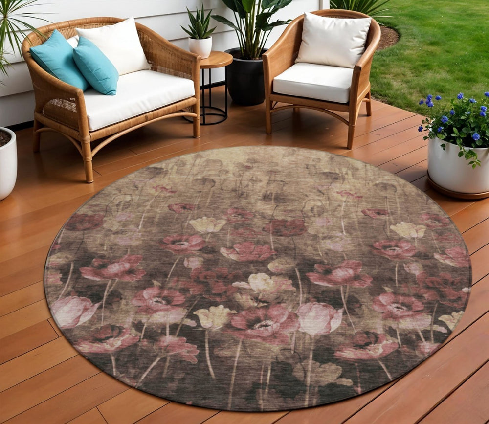 HomeRoots 5' Elegant Floral Indoor/Outdoor Area Rug in Taupe, Brown & Pink - Washable & Durable Design 8' Round 597065