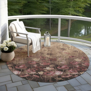 Homeroots 3' Captivating Gold Red And Brown Floral Washable Area Rug For Indoor And Outdoor Spaces 8' Round Polyester 597065