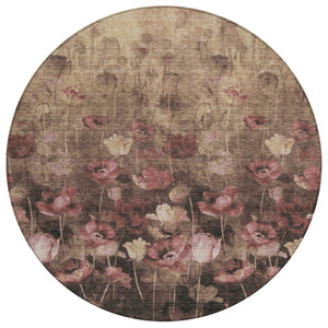 HomeRoots 5' Elegant Floral Indoor/Outdoor Area Rug in Taupe, Brown & Pink - Washable & Durable Design 8' Round 597065