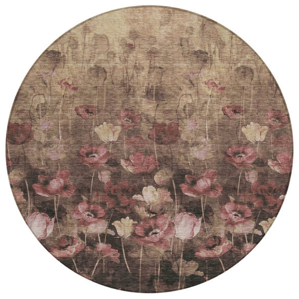HomeRoots 5' Elegant Floral Indoor/Outdoor Area Rug in Taupe, Brown & Pink - Washable & Durable Design 8' Round 597065