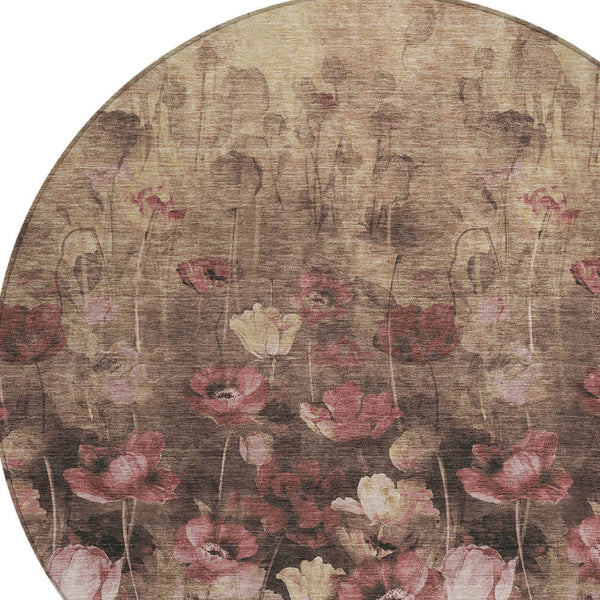 Homeroots 3' Captivating Gold Red And Brown Floral Washable Area Rug For Indoor And Outdoor Spaces 8' Round Polyester 597065