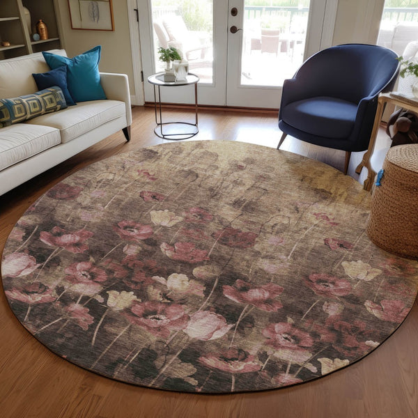 Homeroots 3' Captivating Gold Red And Brown Floral Washable Area Rug For Indoor And Outdoor Spaces 8' Round Polyester 597065