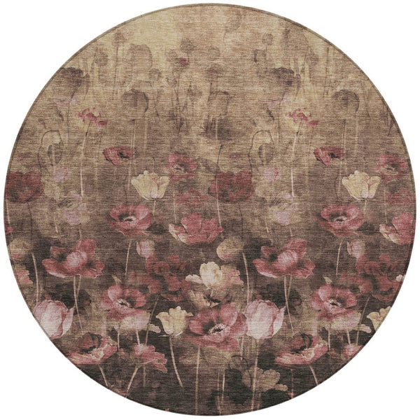 Homeroots 3' Captivating Gold Red And Brown Floral Washable Area Rug For Indoor And Outdoor Spaces 8' Round Polyester 597065