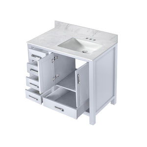 English Elm White Bath Vanity 36" W X 22" D With Right Offset Sink, Elegant Carrara Marble Top & Storage Solutions B2731P258809-GIGA