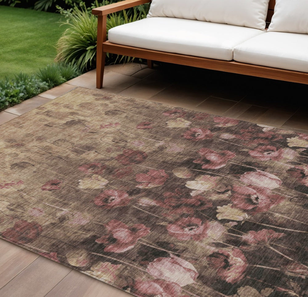 HomeRoots 9' X 12' Floral Area Rug - Taupe Brown & Pink, Washable, Durable for Indoor/Outdoor Use, Easy Care 597067