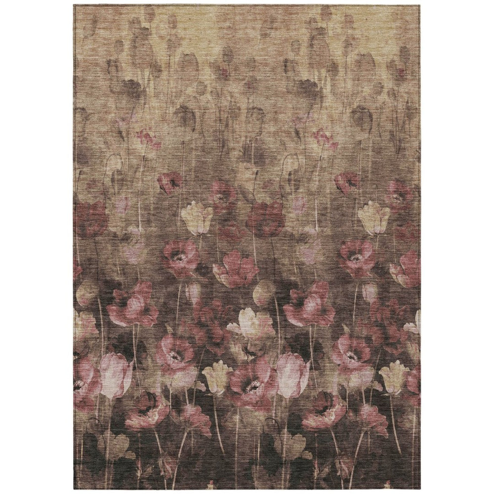 HomeRoots 9' X 12' Floral Area Rug - Taupe Brown & Pink, Washable, Durable for Indoor/Outdoor Use, Easy Care 597067