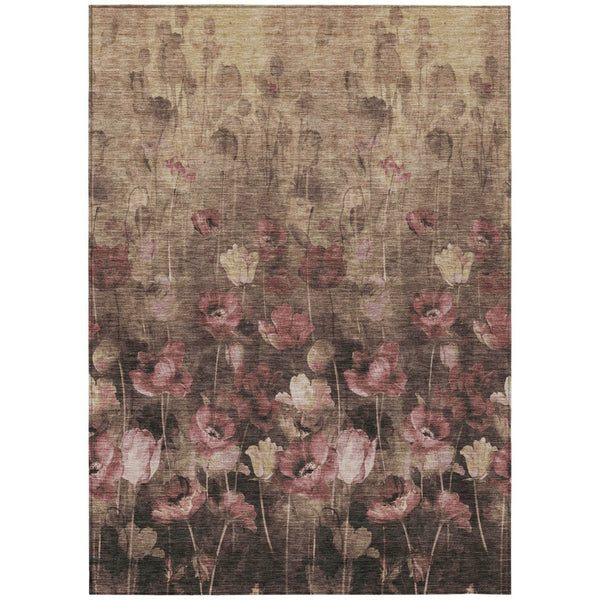 HomeRoots 5' Elegant Floral Indoor/Outdoor Area Rug in Taupe, Brown & Pink - Washable & Durable Design 10' X 14' 597068