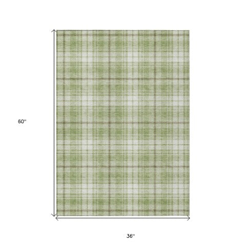 Homeroots 3' Stylish Artichoke Green Brown And Ivory Plaid Washable Area Rug For Indoor And Outdoor Use 3' X 5' Polyester 597069