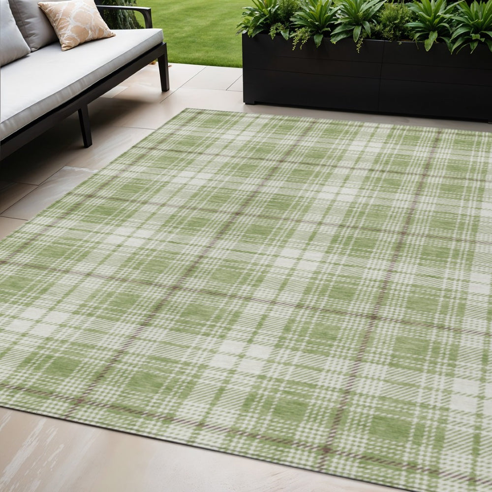 HomeRoots 5' Timeless Plaid Area Rug in Artichoke Green, Brown & Ivory - Durable, Washable for Indoor/Outdoor Use 5' X 8' 597070
