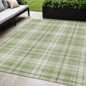 Homeroots 3' Stylish Artichoke Green Brown And Ivory Plaid Washable Area Rug For Indoor And Outdoor Use 5' X 8' Polyester 597070