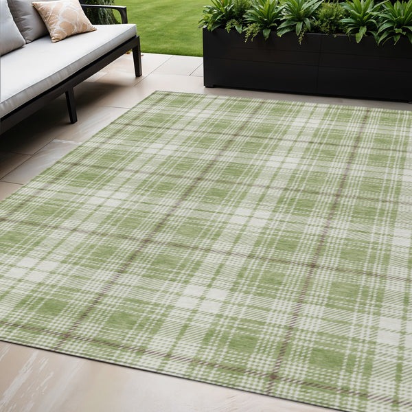 Homeroots 3' Stylish Artichoke Green Brown And Ivory Plaid Washable Area Rug For Indoor And Outdoor Use 5' X 8' Polyester 597070