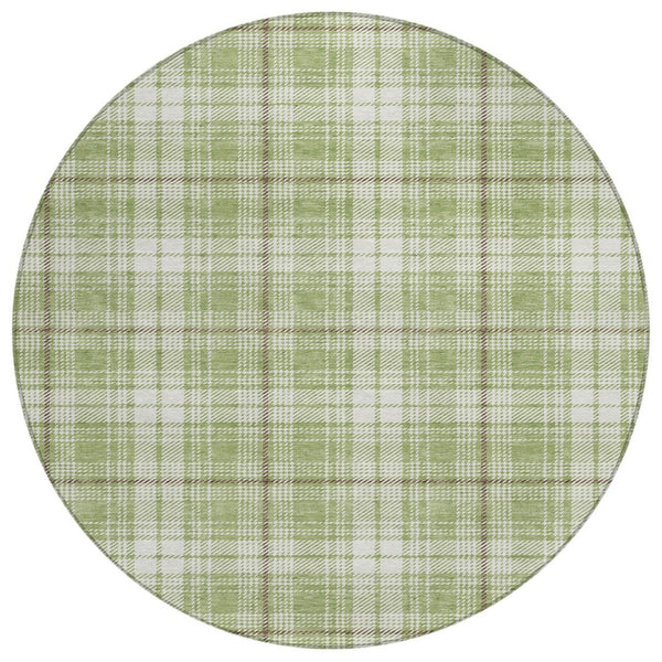 HomeRoots 5' Timeless Plaid Area Rug in Artichoke Green, Brown & Ivory - Durable, Washable for Indoor/Outdoor Use 8' Round 597071