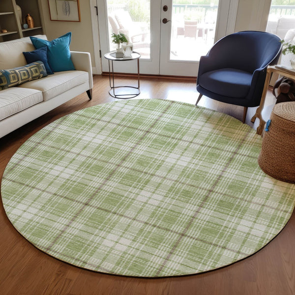 Homeroots 3' Stylish Artichoke Green Brown And Ivory Plaid Washable Area Rug For Indoor And Outdoor Use 8' Round Polyester 597071