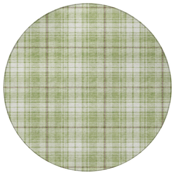 Homeroots 3' Stylish Artichoke Green Brown And Ivory Plaid Washable Area Rug For Indoor And Outdoor Use 8' Round Polyester 597071