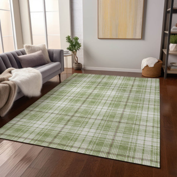 Homeroots 3' Stylish Artichoke Green Brown And Ivory Plaid Washable Area Rug For Indoor And Outdoor Use 8' X 10' Polyester 597072