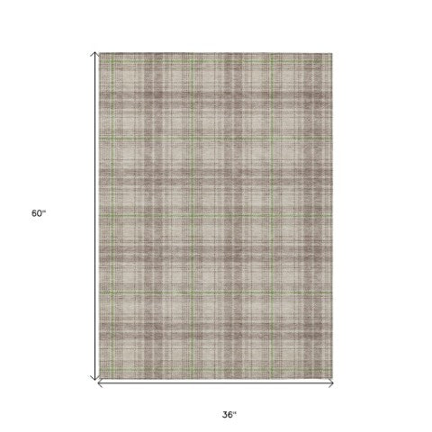 Homeroots 3' Stylish Artichoke Green Brown And Ivory Plaid Washable Area Rug For Indoor And Outdoor Use 3' X 5' Polyester 597075