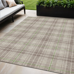 Homeroots 3' Stylish Artichoke Green Brown And Ivory Plaid Washable Area Rug For Indoor And Outdoor Use 5' X 8' Polyester 597076
