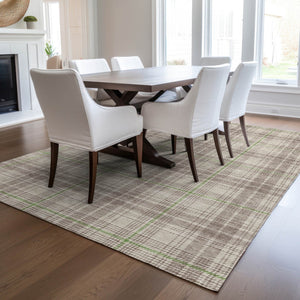 Homeroots 3' Stylish Artichoke Green Brown And Ivory Plaid Washable Area Rug For Indoor And Outdoor Use 5' X 8' Polyester 597076