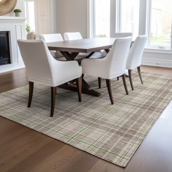 Homeroots 3' Stylish Artichoke Green Brown And Ivory Plaid Washable Area Rug For Indoor And Outdoor Use 5' X 8' Polyester 597076