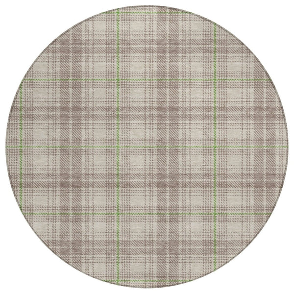 HomeRoots 5' Stylish Beige and Green Plaid Washable Area Rug for Indoor and Outdoor Durable Elegance 8' Round 597077