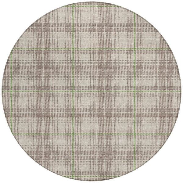 Homeroots 3' Stylish Artichoke Green Brown And Ivory Plaid Washable Area Rug For Indoor And Outdoor Use 8' Round Polyester 597077