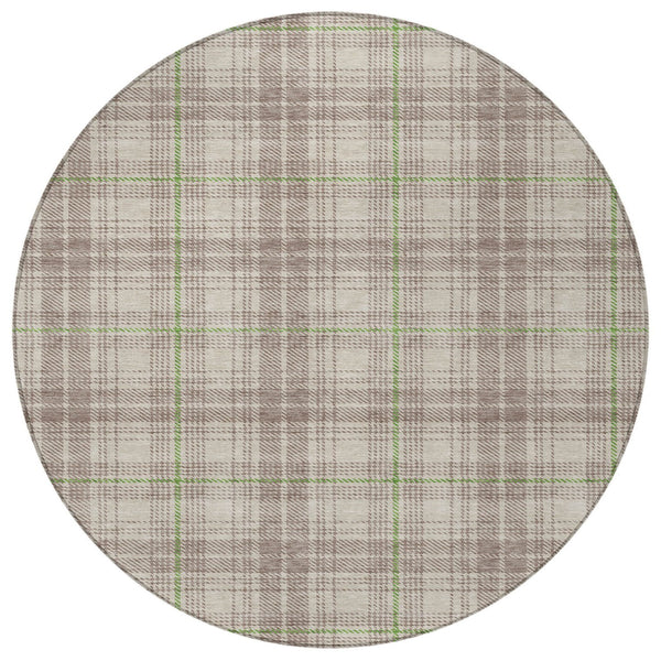 Homeroots 3' Stylish Artichoke Green Brown And Ivory Plaid Washable Area Rug For Indoor And Outdoor Use 8' Round Polyester 597077