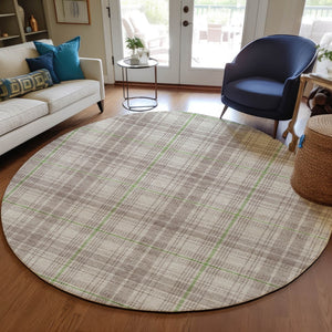 Homeroots 3' Stylish Artichoke Green Brown And Ivory Plaid Washable Area Rug For Indoor And Outdoor Use 8' Round Polyester 597077