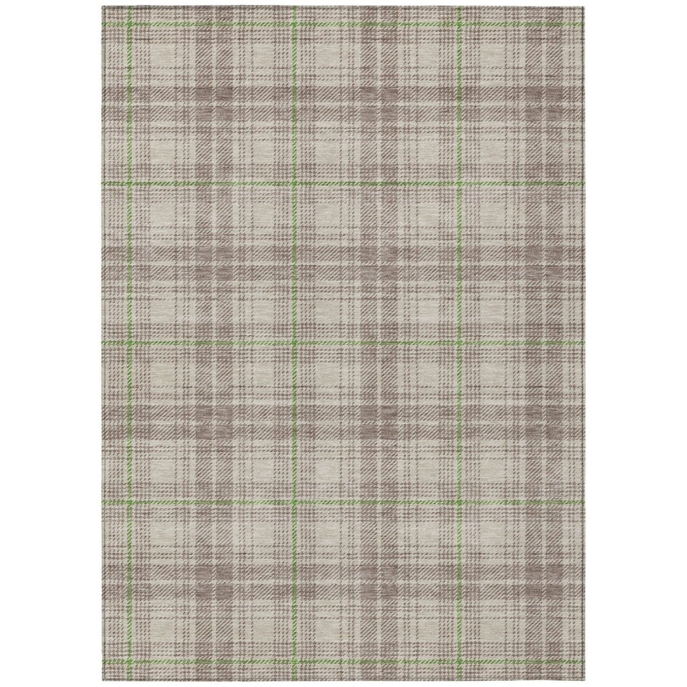 HomeRoots 9' Beige Ivory Green Plaid Washable Area Rug - Durable Indoor/Outdoor Charm for High-Traffic Spaces 597079