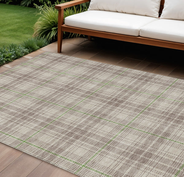 Homeroots 3' Stylish Artichoke Green Brown And Ivory Plaid Washable Area Rug For Indoor And Outdoor Use 10' X 14' Polyester 597080