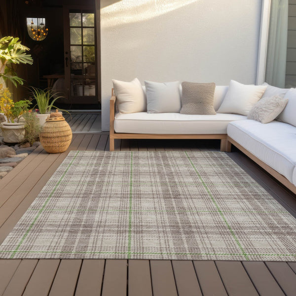Homeroots 3' Stylish Artichoke Green Brown And Ivory Plaid Washable Area Rug For Indoor And Outdoor Use 10' X 14' Polyester 597080