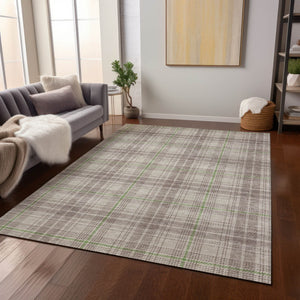 Homeroots 3' Stylish Artichoke Green Brown And Ivory Plaid Washable Area Rug For Indoor And Outdoor Use 10' X 14' Polyester 597080