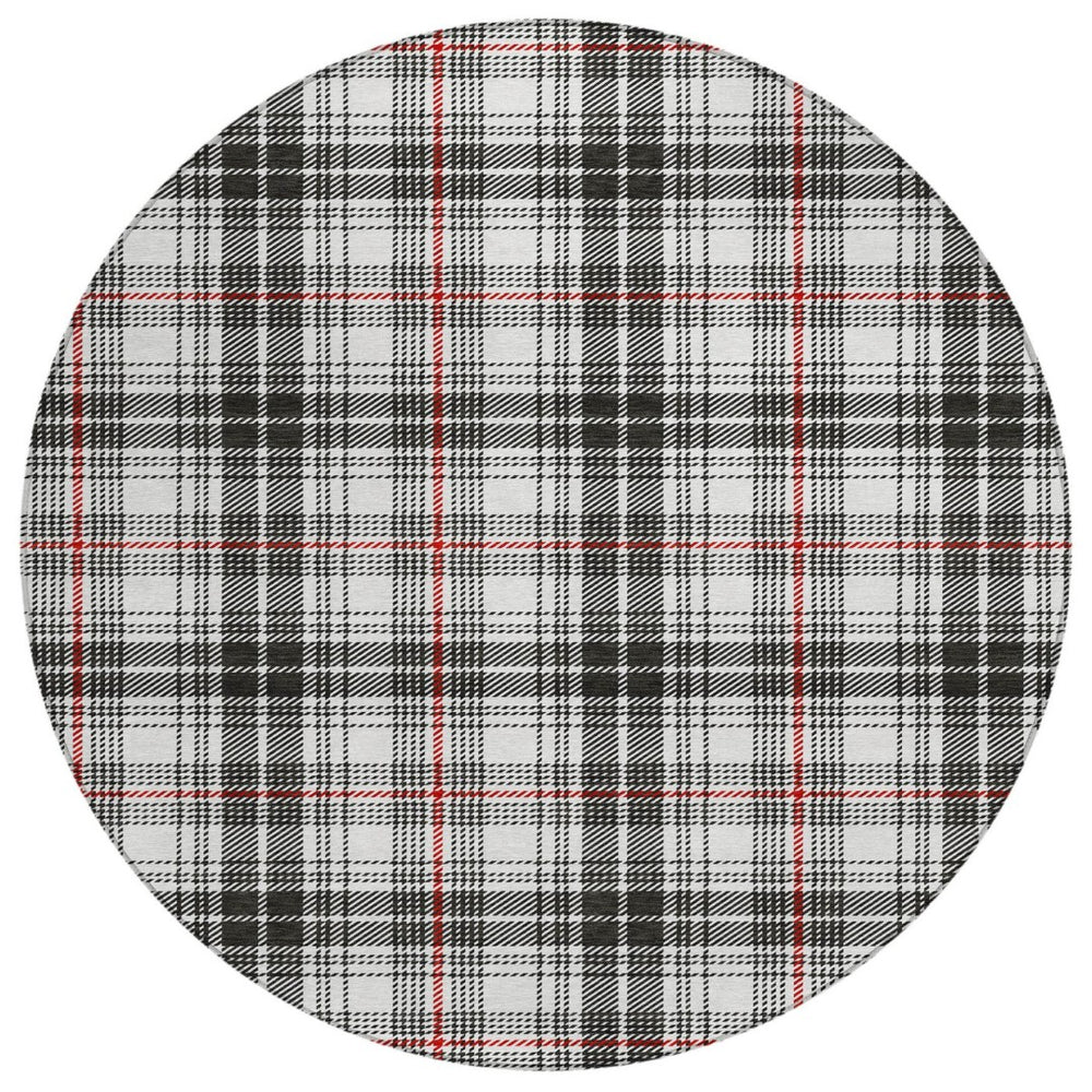 HomeRoots 5' Classic Black, Ivory, and Red Plaid Washable Area Rug for Indoor & Outdoor Spaces, Easy Care 8' Round 597083