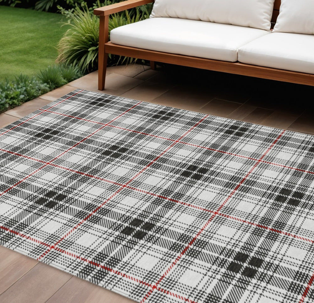 HomeRoots 9' Black Ivory and Red Plaid Washable Area Rug - Durable, Stylish for Indoor & Outdoor Spaces! 597085
