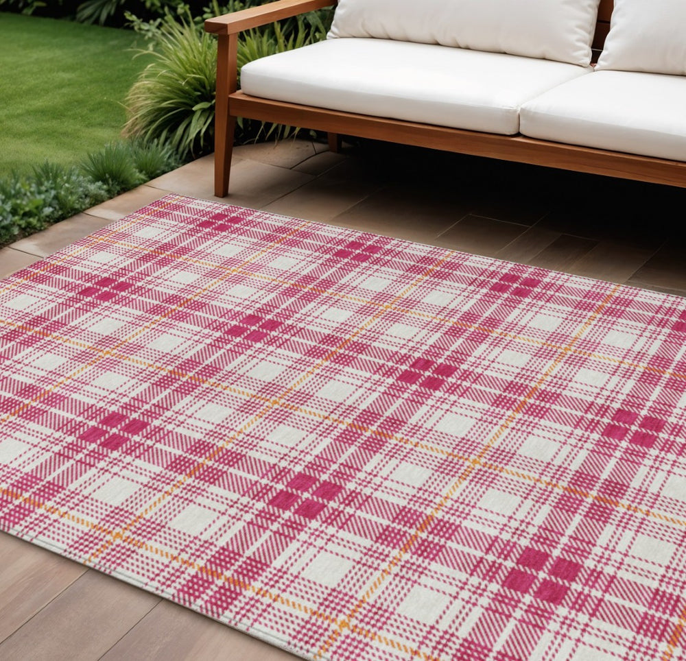 HomeRoots 9' X 12' Washable Blush Ivory Copper Plaid Area Rug - Stylish, Durable, Stain-Resistant Design for Indoor & Outdoor Use 597091