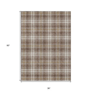 Homeroots 3' Stylish Artichoke Green Brown And Ivory Plaid Washable Area Rug For Indoor And Outdoor Use 3' X 5' Polyester 597093