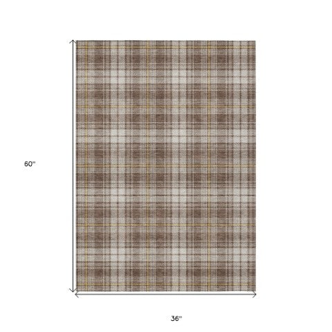 Homeroots 3' Stylish Artichoke Green Brown And Ivory Plaid Washable Area Rug For Indoor And Outdoor Use 3' X 5' Polyester 597093