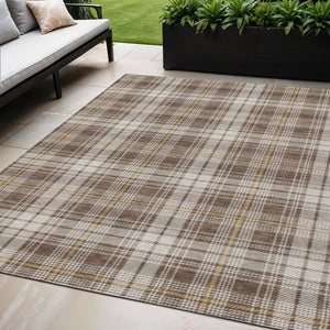 Homeroots 3' Stylish Artichoke Green Brown And Ivory Plaid Washable Area Rug For Indoor And Outdoor Use 5' X 8' Polyester 597094