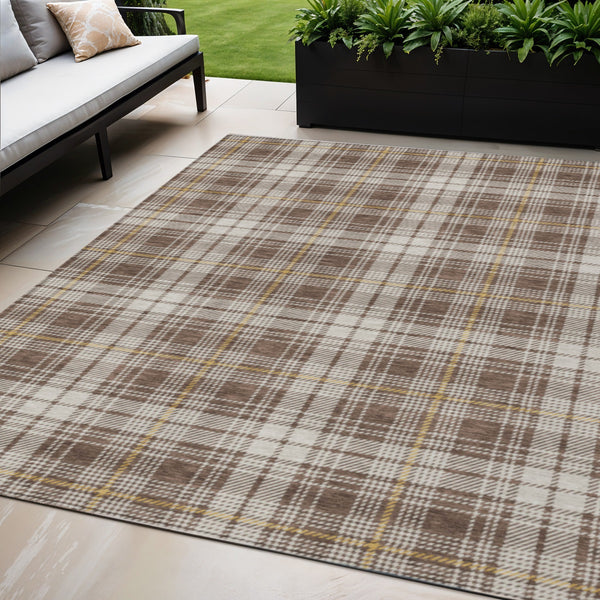 Homeroots 3' Stylish Artichoke Green Brown And Ivory Plaid Washable Area Rug For Indoor And Outdoor Use 5' X 8' Polyester 597094