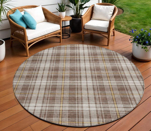 Homeroots 3' Stylish Artichoke Green Brown And Ivory Plaid Washable Area Rug For Indoor And Outdoor Use 8' Round Polyester 597095