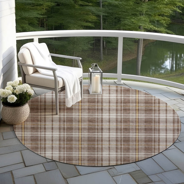 Homeroots 3' Stylish Artichoke Green Brown And Ivory Plaid Washable Area Rug For Indoor And Outdoor Use 8' Round Polyester 597095