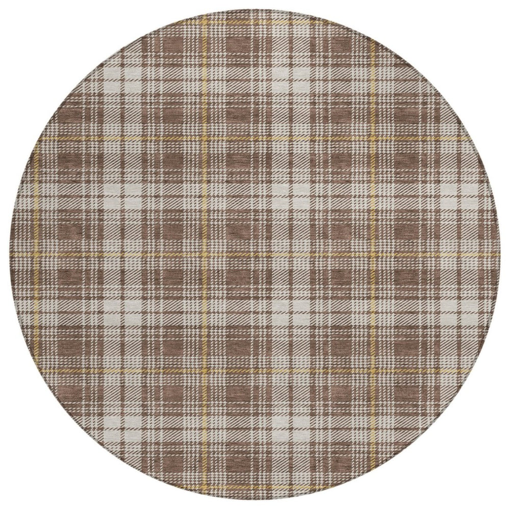 HomeRoots 5' Classic Brown Beige Gold Plaid Washable Area Rug for Indoor Outdoor High-Traffic Spaces 8' Round 597095